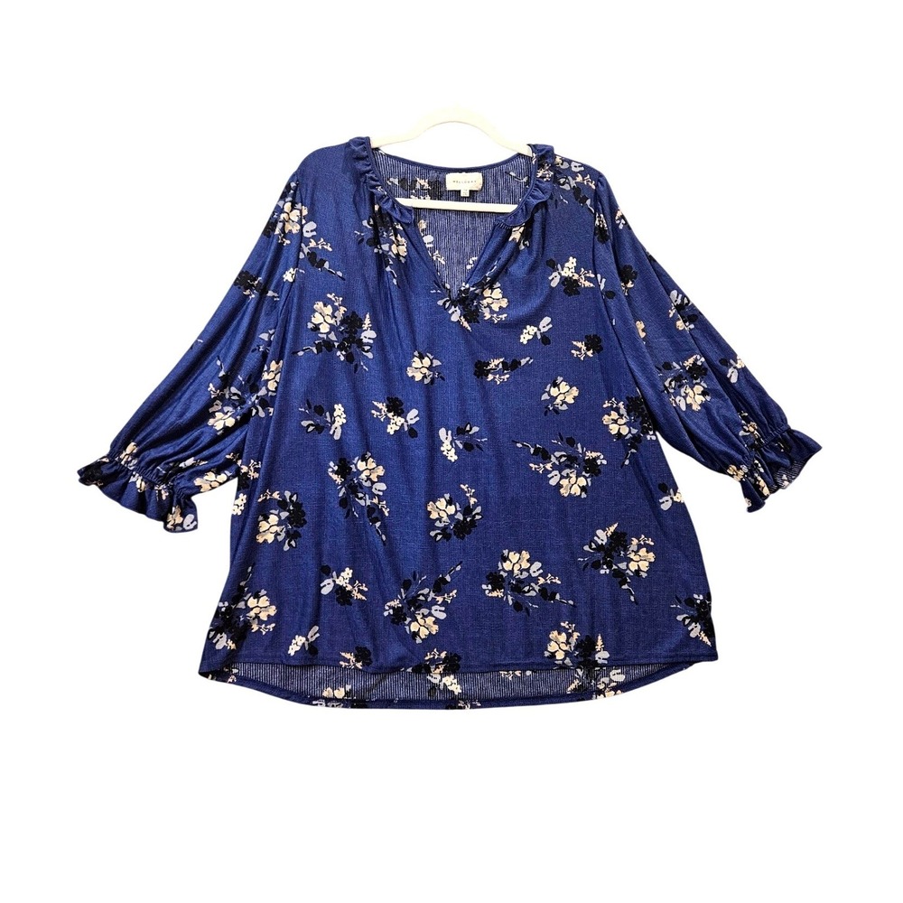 MELLODAY 1X Blue Ditsy Floral Cottage Core Tunic‎ Top Ruffle Sleeve V-neck #472